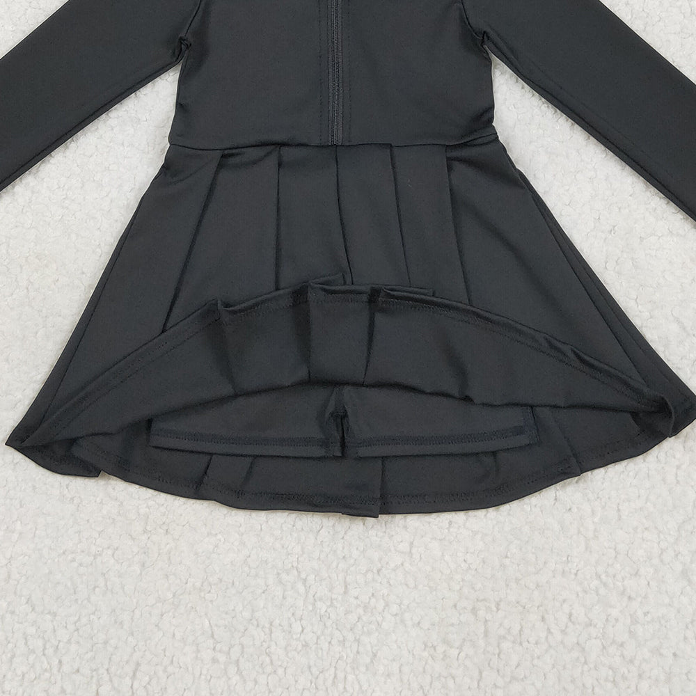 RTS NO MOQ (In stock)GLD1150 Baby Girls Yoga Dress Baby Girls Black Long Sleeves Zipper Yoga Active Wear Dresses