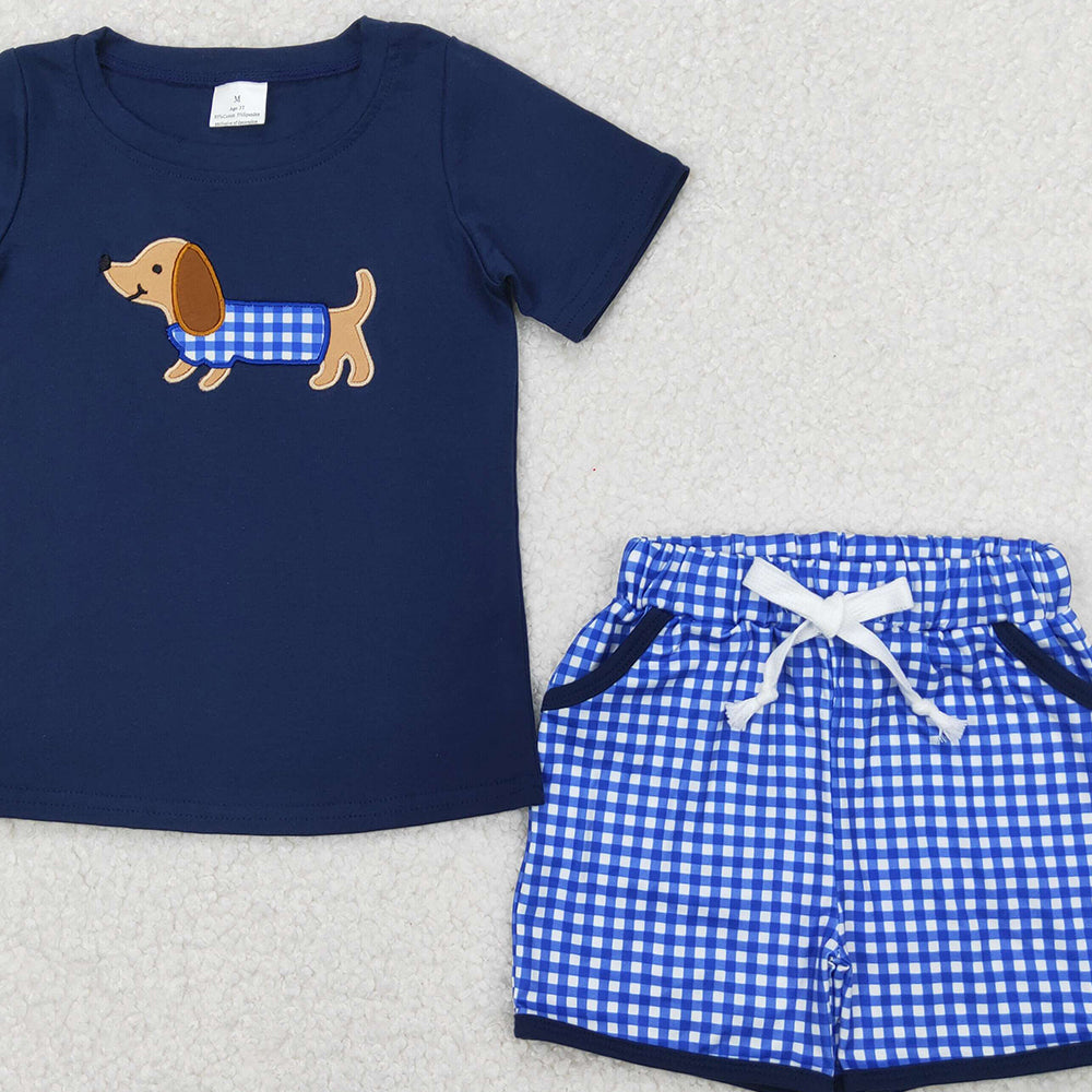 4.10 BSSO1227 RTS NO MOQ Baby Boys Summer Boys Outfits Baby Boys Navy Short Sleeves Dog Print Top Plaid Pockets Short Set