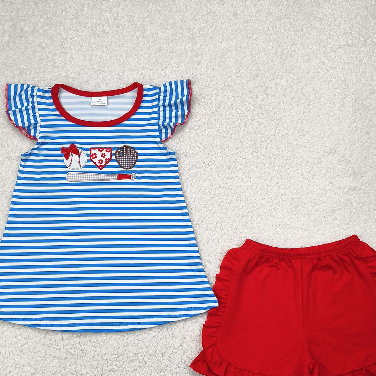 GSSO2348 RTS NO MOQ Baby Girls Summer Outfits Blue stripe baseball top red ruffle shorts girls clothes