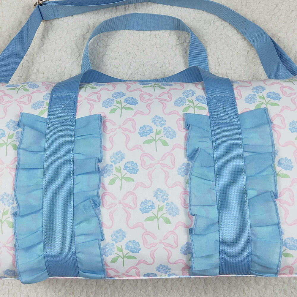 USA Shop (in stock)BA0294Light Blue Floral Bow Women Duffel Bag Ruffle Band Stylish Casual Canvas Tote for Travel And Leisure