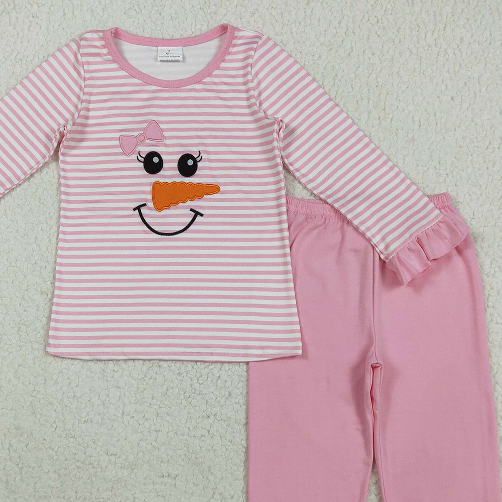 RTS NO MOQ (In stock)GLP2520 Baby Girls Winter Outfits Embroidery Baby Girls Christmas Pink Stripe Bow Snowman Top Pants Pajamas