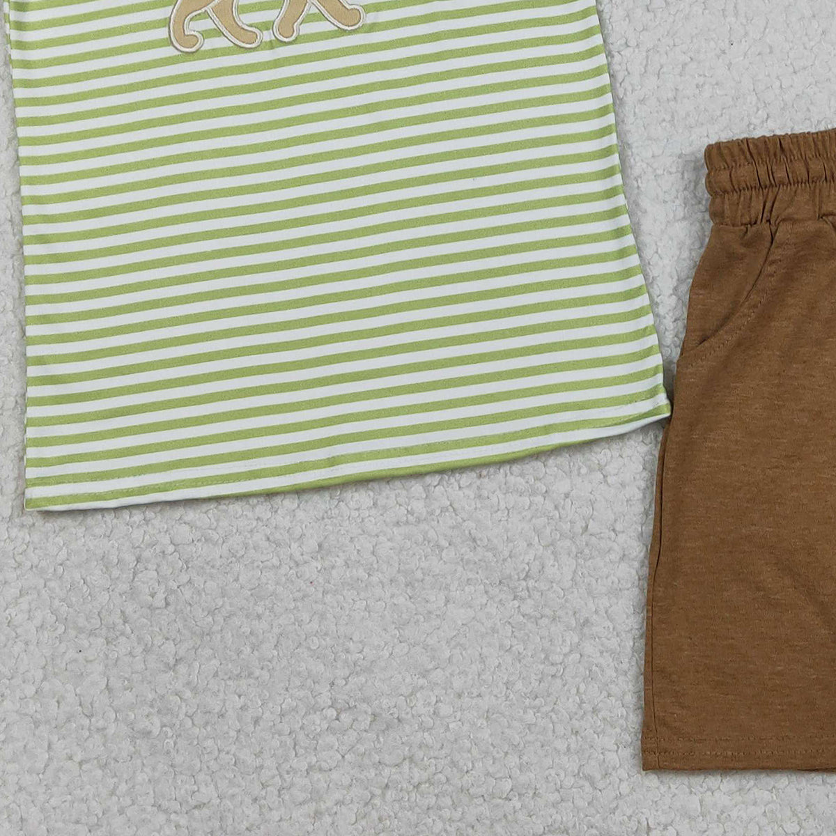 1.27 RTS NO MOQ (In stock)BSSO1768 Embroidery Dog Fishes Baby Boys Green Stripe Top Pockets Shorts Hunting Clothes Sets