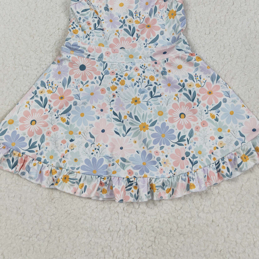 6.18 GSD2281RTS NO MOQ Baby Girls Summer Yoga Dress Baby Girls Aqua Strap Floral Yoga Ruffle Knee Length Dresses