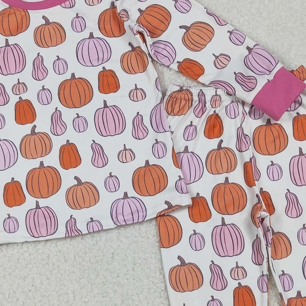RTS NO MOQ (In stock)GLP2702 Baby Girls Winter Outfits Colorful Pumpkins Plaid Top Pants Fall Pajamas Sets