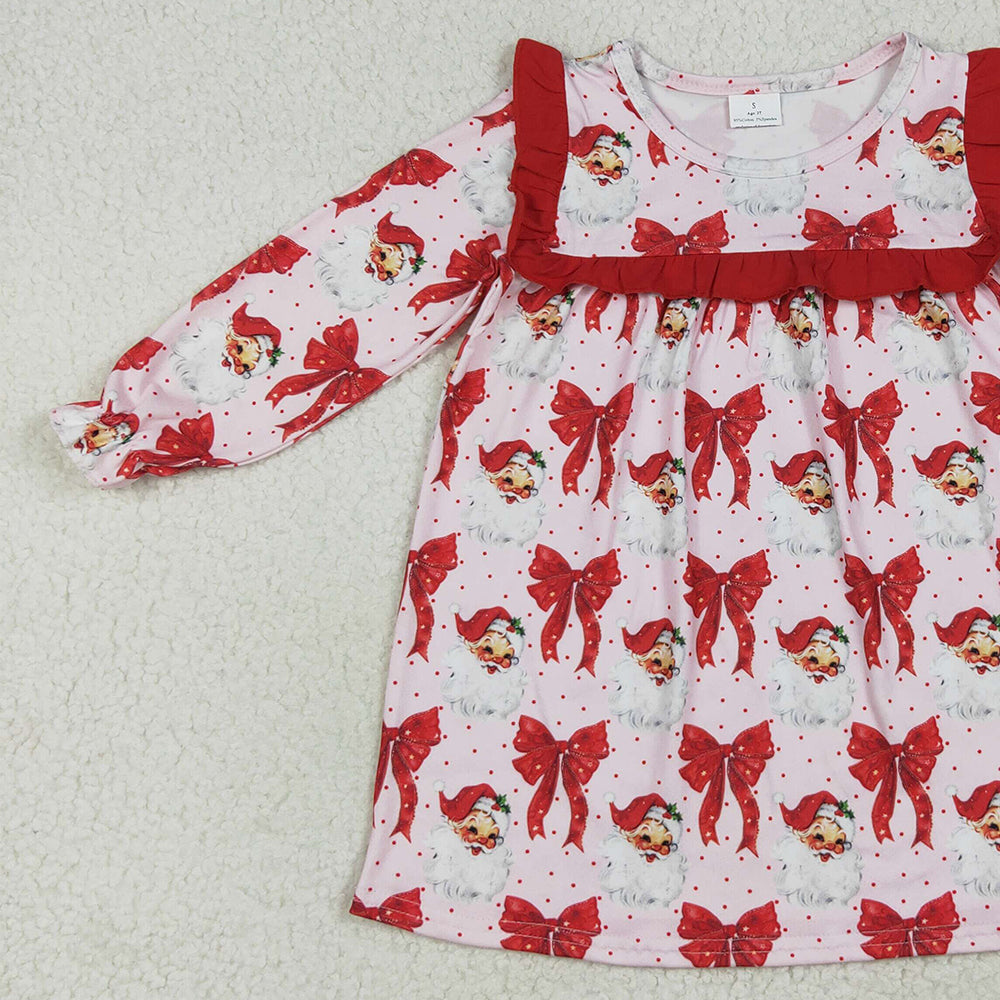 GLD1047RTS NO MOQ Baby Girls Winter Dress Baby Girls Long Ruffle Sleeves Red Santa Bows Knee Length Dresses