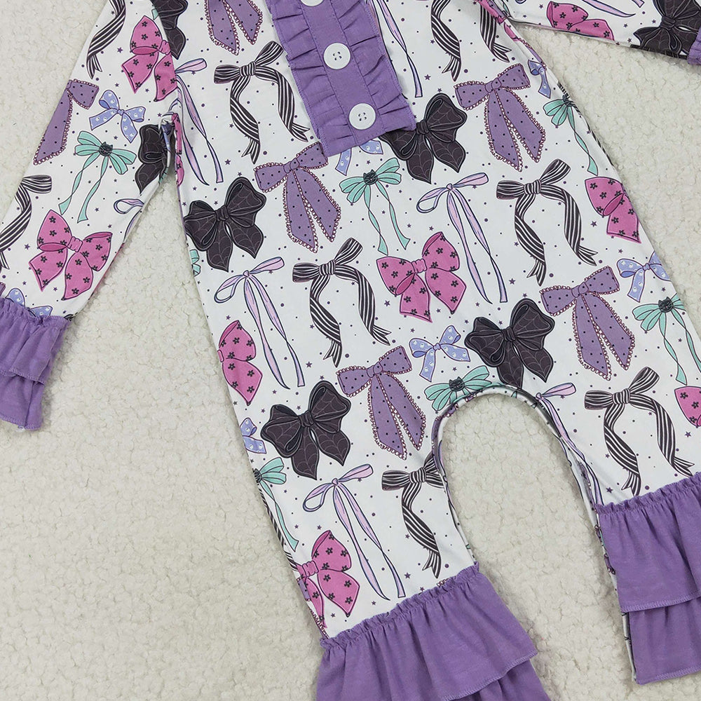 RTS NO MOQ (In stock)LR2355 Baby Girls Winter Rompers Baby Girls Long Ruffle Sleeves Purple Bows Button Pant Rompers
