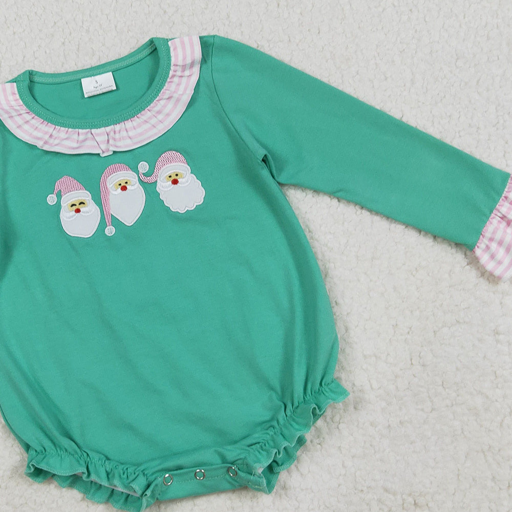 RTS NO MOQ (In stock)LR2411 Baby Girls Winter Rompers Embroidery Baby Girls Green Long Sleeves Santa Ruffle Rompers