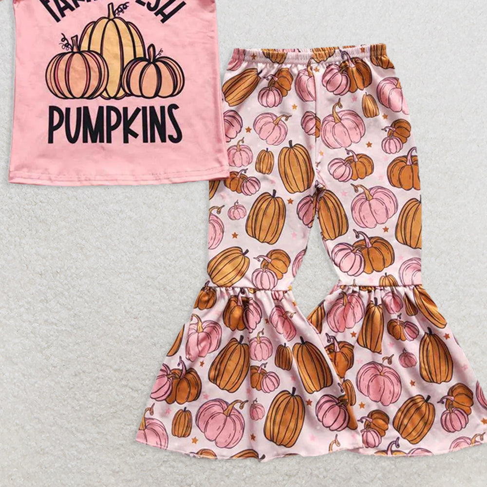 RTS NO MOQ (In stock) GSPO0607 Baby Girl Autumn Outfits PUMPKINS Pumpkin short-sleeved shorts set