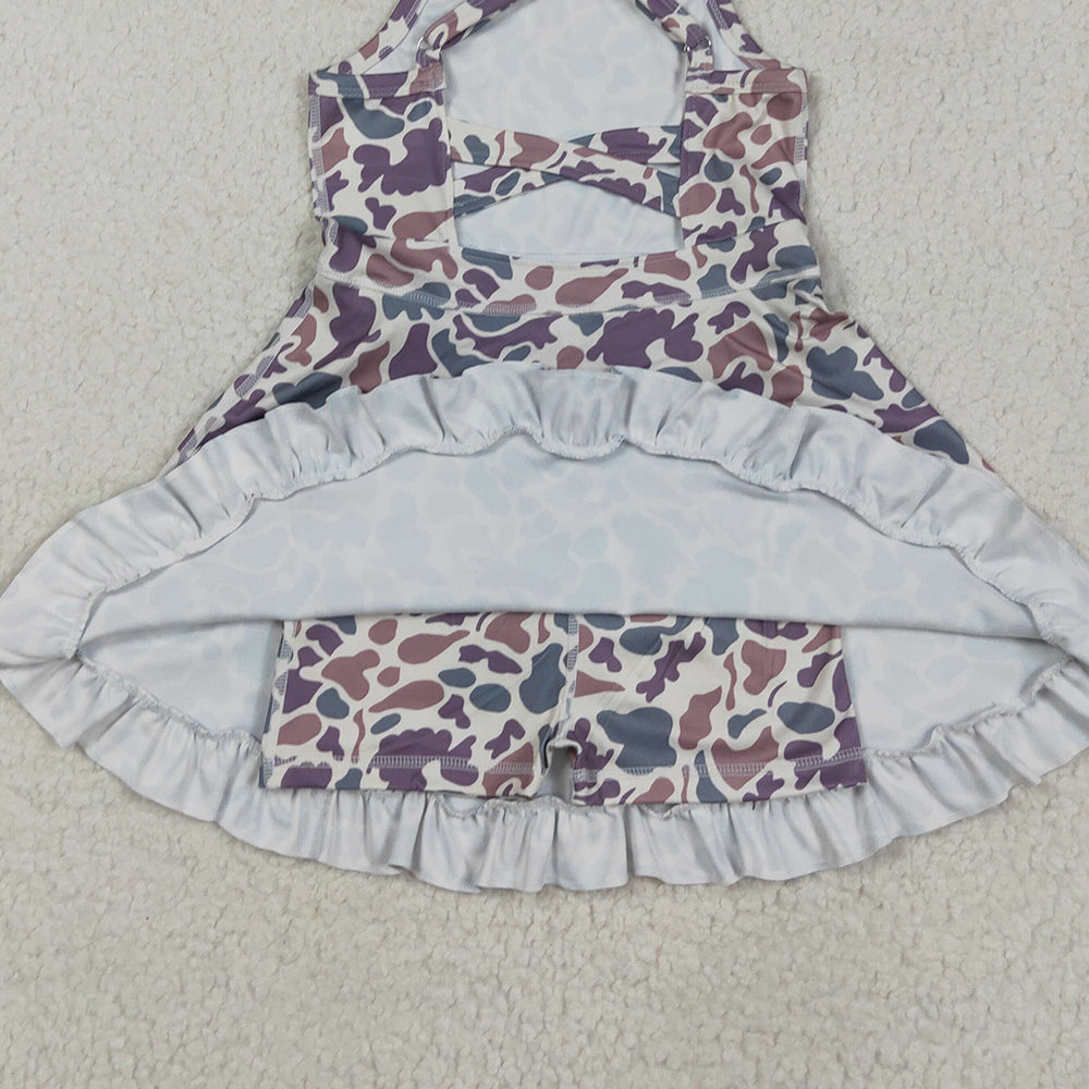 6.16 GSD2310 RTS NO MOQ Baby Girls Summer Yoga Dress Baby Girls Strap Lavender Camo Yoga Ruffle Knee Length Dresses