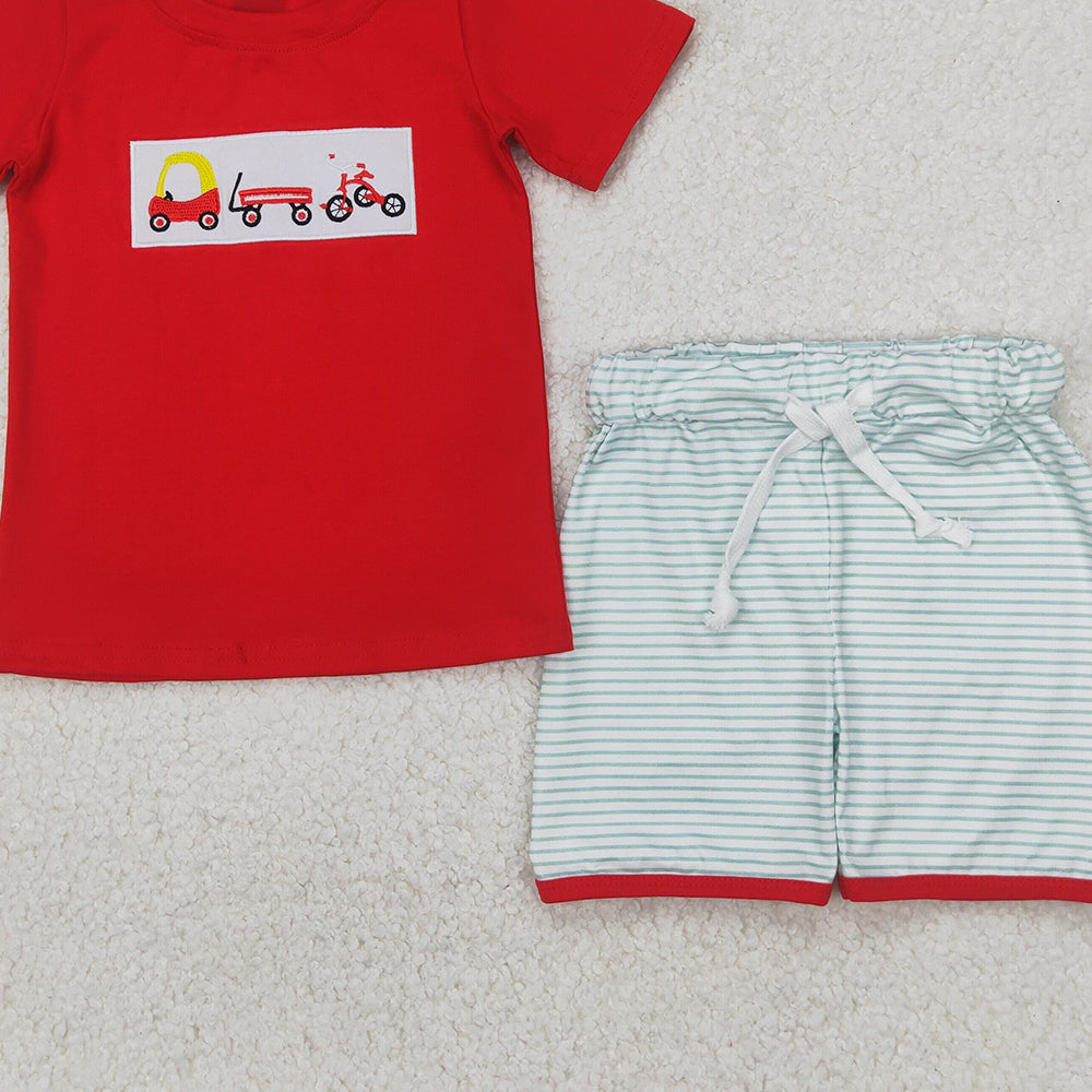 6.16 BSSO1432 RTS NO MOQ Baby Boys Summer Boys Outfits Embroidered bicycle red short sleeve green striped shorts set