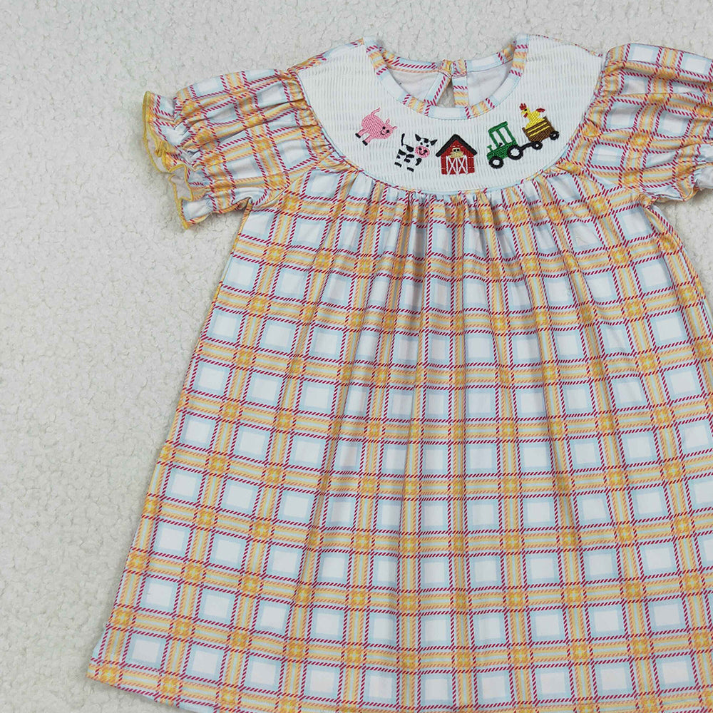 RTS NO MOQ (In stock) GSD2276 Baby Girls Summer Dress Cow tractor plaid short sleeves farm girls dresses