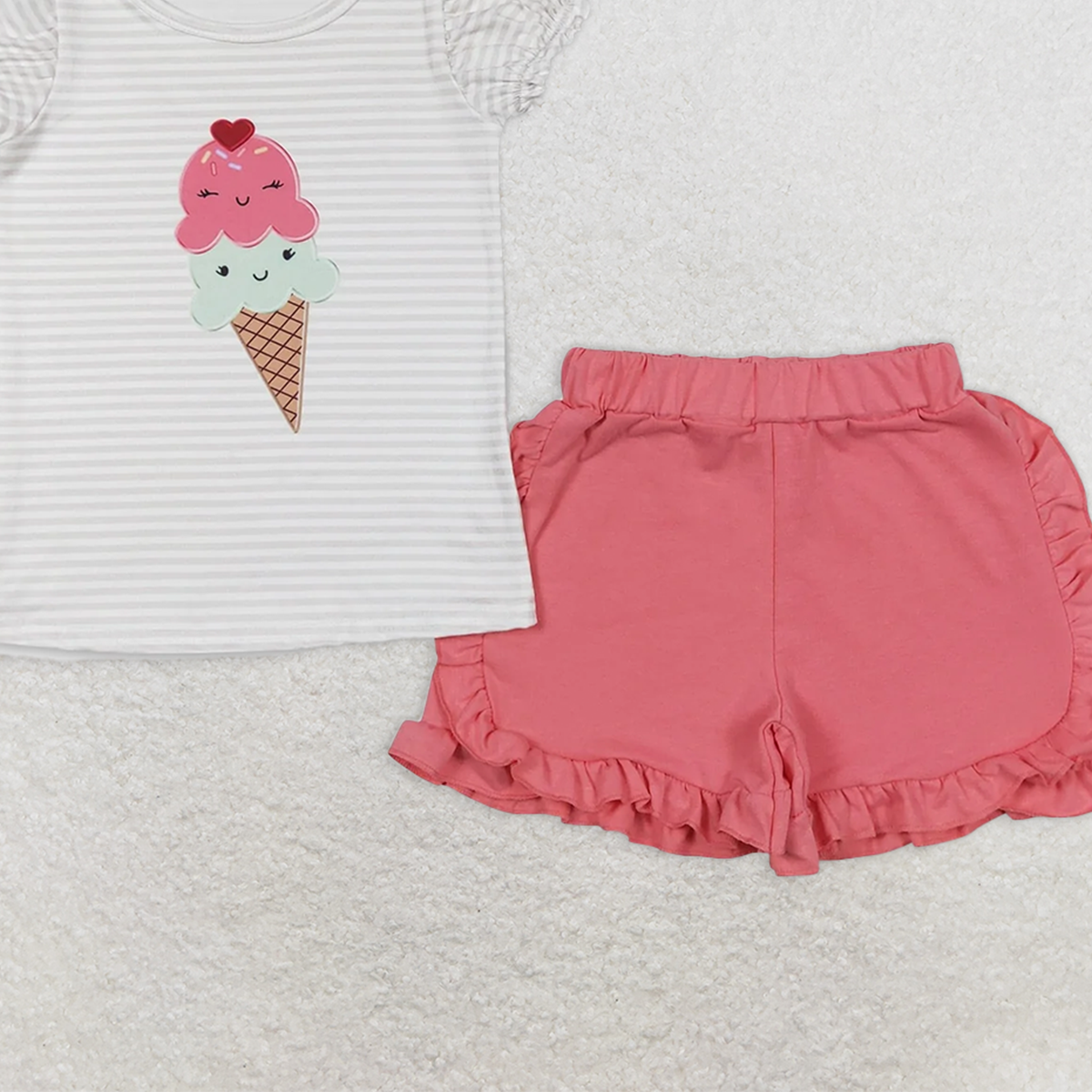 6.21 GSSO0579 RTS NO MOQ Baby Girls Summer Outfits Ice cream striped short-sleeved rose red shorts suit