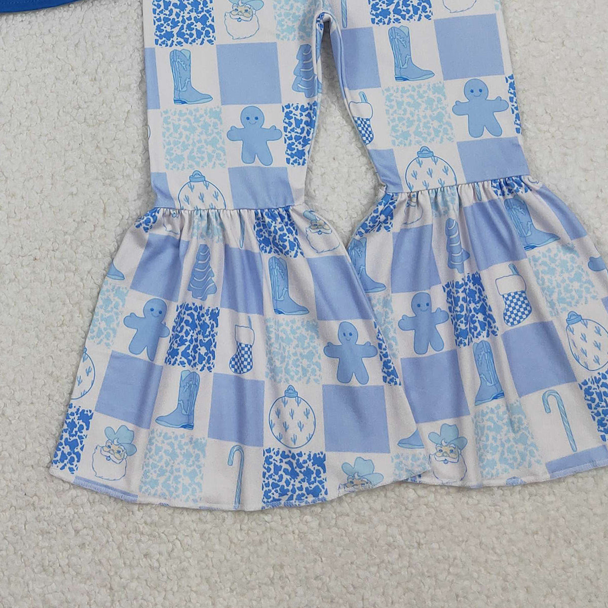 11.6 RTS NO MOQ (In stock)GLP3037 Baby Girls Blue Top Santa Gingerbread Bell Bottom Pant Christmas Clothes Set