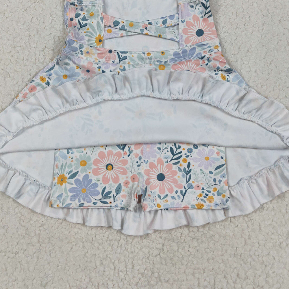6.18 GSD2281RTS NO MOQ Baby Girls Summer Yoga Dress Baby Girls Aqua Strap Floral Yoga Ruffle Knee Length Dresses