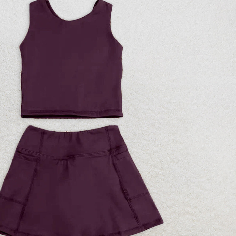6.16 GSD1981 RTS NO MOQ Baby Girls Yoga Outfits Brown sleeveless top skirt kids girls active wear set