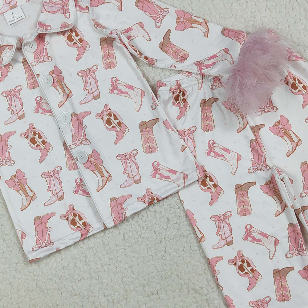 8.23 RTS NO MOQ (In stock)GLP2359 Baby Girls Winter Outfits Baby Girls Pink Fur Sleeves Bows Boots Plaid Button Top Pant Pajamas Set