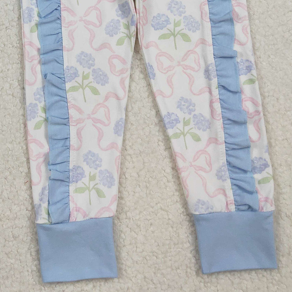 10.11 RTS NO MOQ (In stock)GSPO2069 Baby Girls Blue Button Shirts Top Floral Ruffle Leggings Clothes Sets