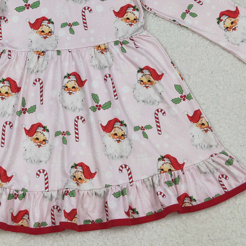 10.10 RTS NO MOQ (In stock)GLD1251 Baby Girls Winter Dress Baby Girls Santa Holly Candy Cane Christmas Ruffle Knee Length Dresses