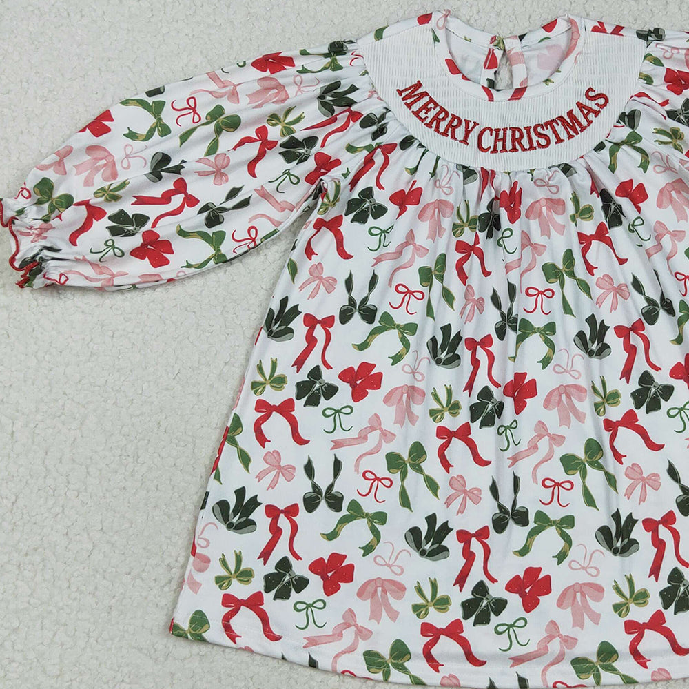 RTS NO MOQ (In stock)GLD1094 Baby Girls Winter Dress Baby Girls Smocked Embroidery Merry Christmas Colorful Bows Knee Length Dresses
