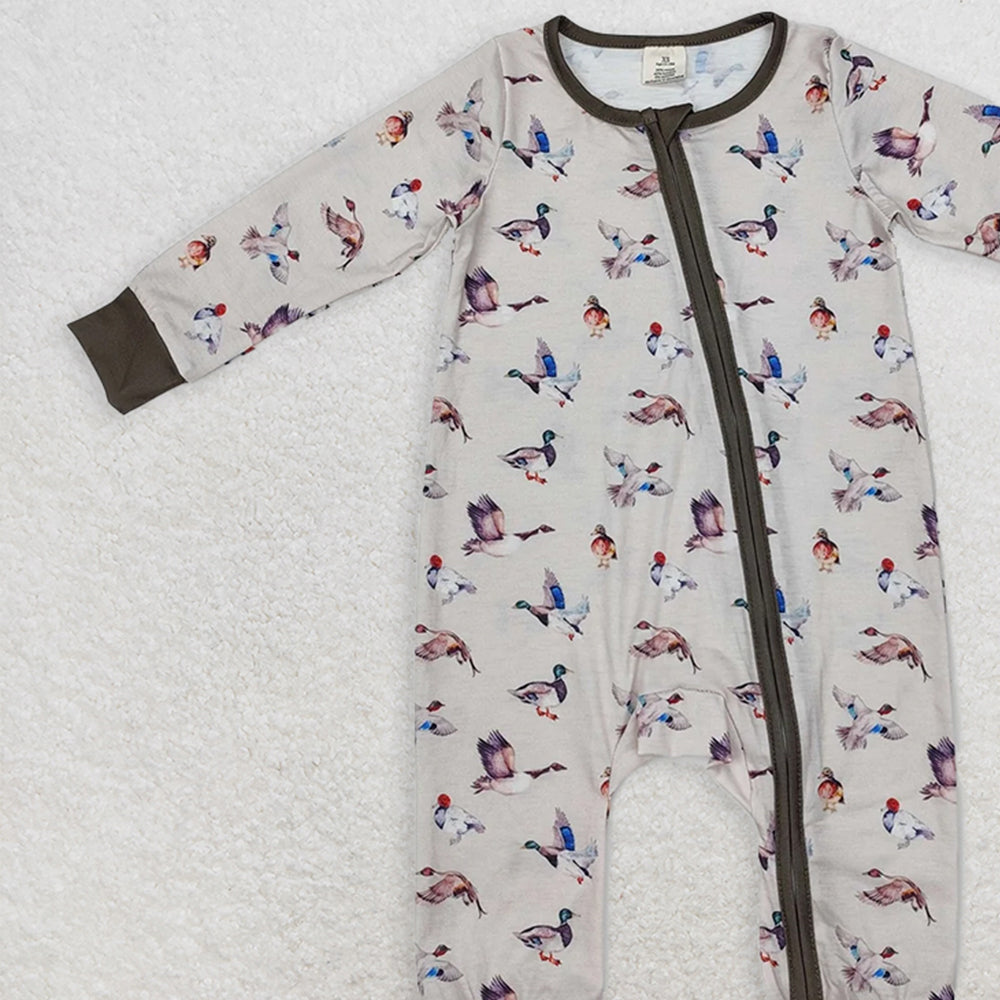 LR1880 RTS NO MOQ Baby Boys Winter Rompers Baby Infant Boys Grey Fall Ducks Hunting Zip Rompers preorder