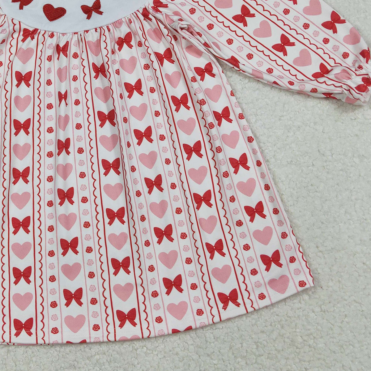 10.17 RTS NO MOQ (In stock)GLD1336 Baby Girls Winter Dress Embroidery Bows Hearts Baby Girls Stripes Valentine Knee Length Dresses