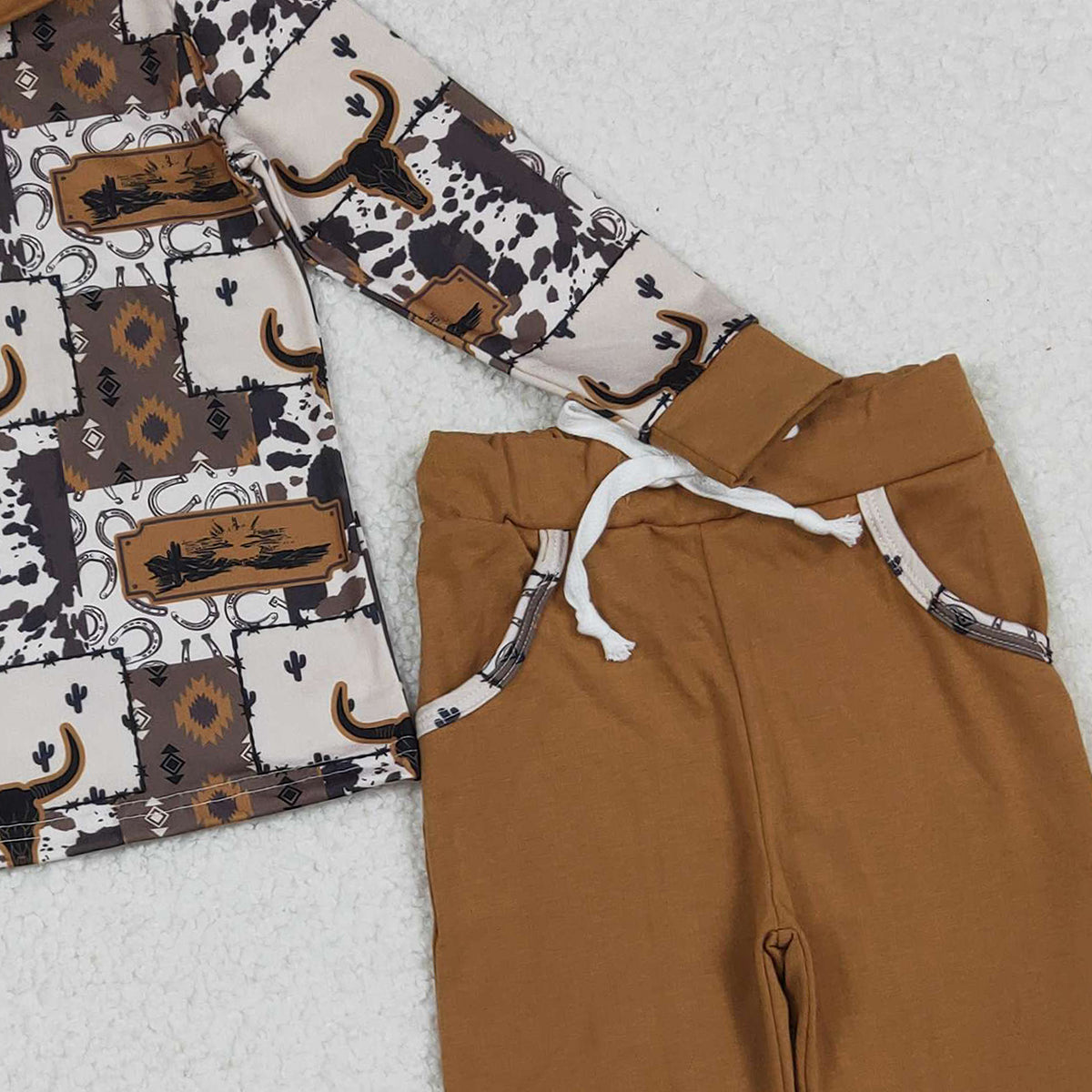 10.16 RTS NO MOQ (In stock)BLP1238 Baby Boys Winter Outfits Baby Boys Aztec Bull Skull Button Hoodies Pockets Pant Western Clothes Sets