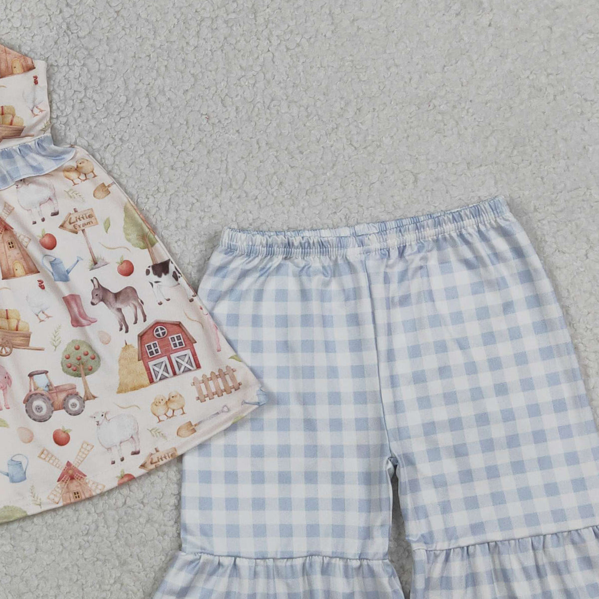 4.7 GSSO3077 RTS NO MOQ (In stock )Baby Girls Sleeveless Pigs Cows Tunic Ruffle Checked Shorts Farm Clothes Sets