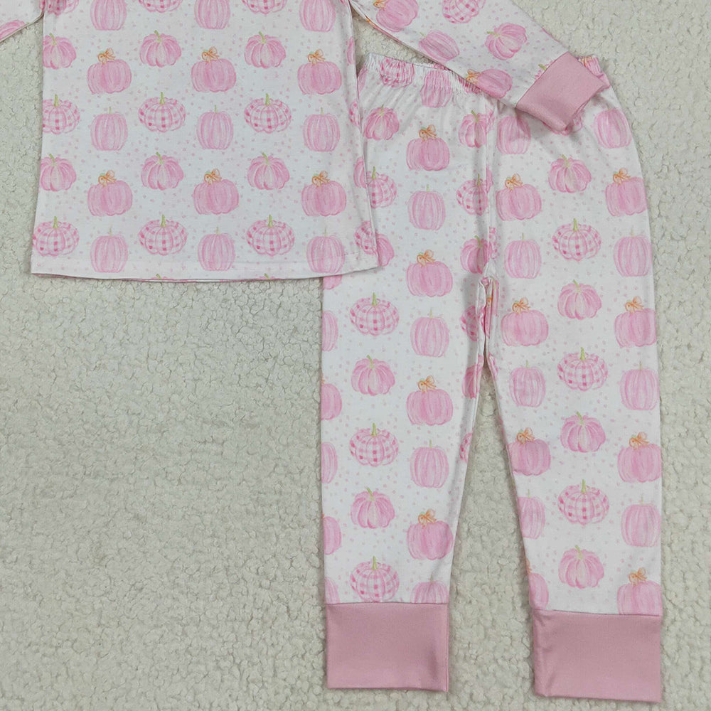 RTS NO MOQ (In stock) GLP1188 Baby Girls Winter Outfits Pink pumpkin long sleeves girls fall pajamas