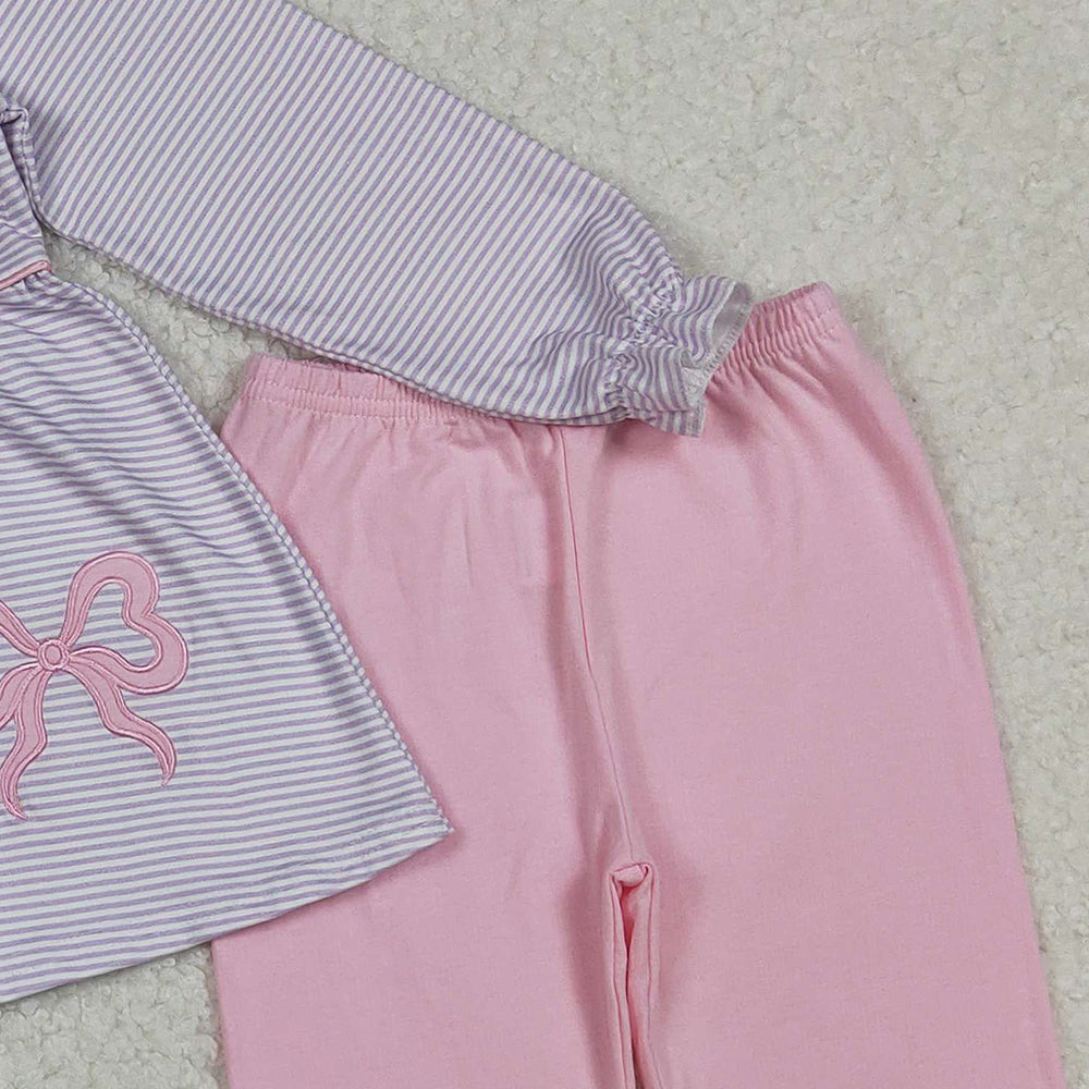 10.10 RTS NO MOQ (In stock)GLP2696 Baby Girls Winter Outfits Embroidery Baby Girls Lavender Stripe Bows Tunic Legging Pant Set