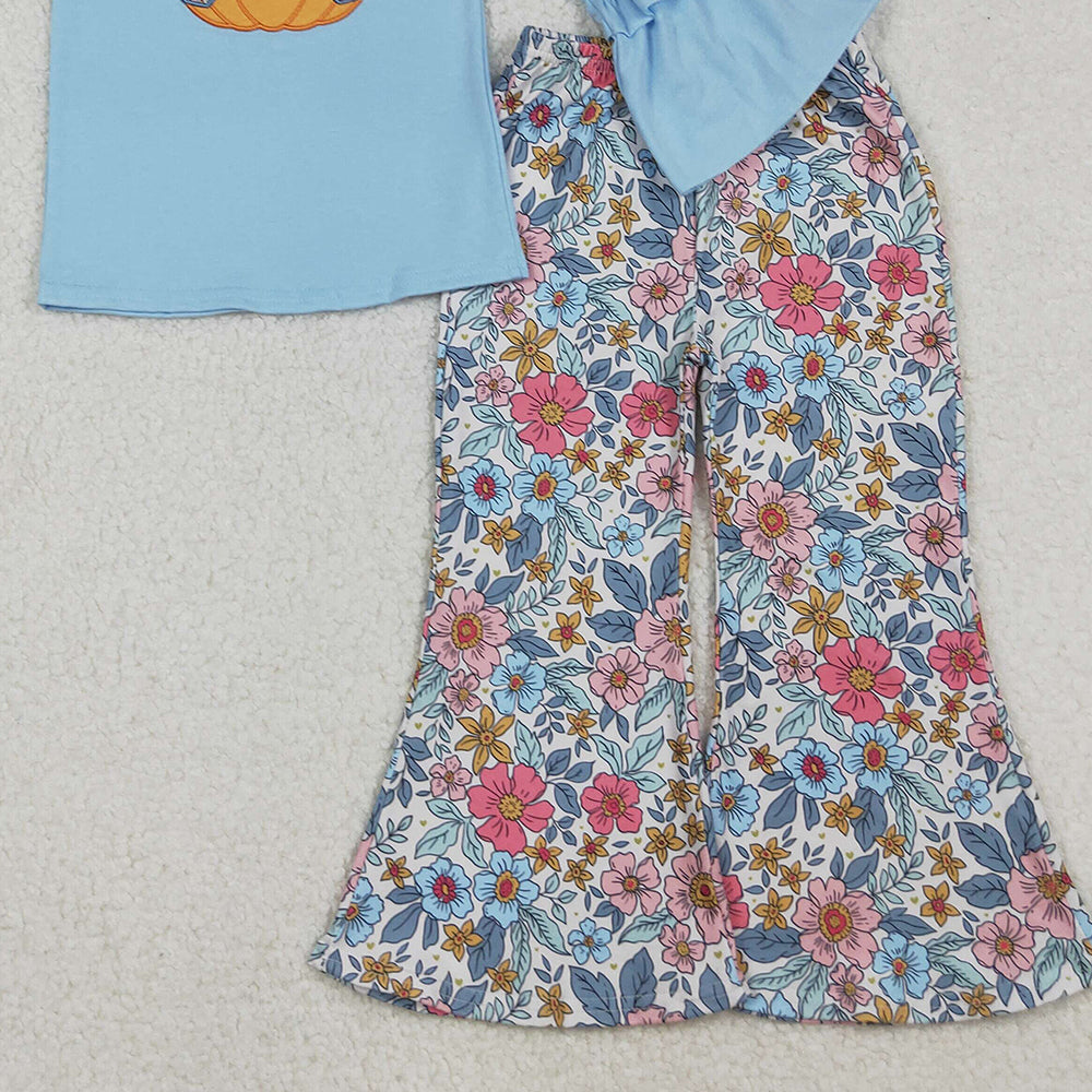 RTS NO MOQ (In stock)GLP2596 Baby Girls Winter Outfits Floral Pumpkins Top Bell Bottom Pant Sets