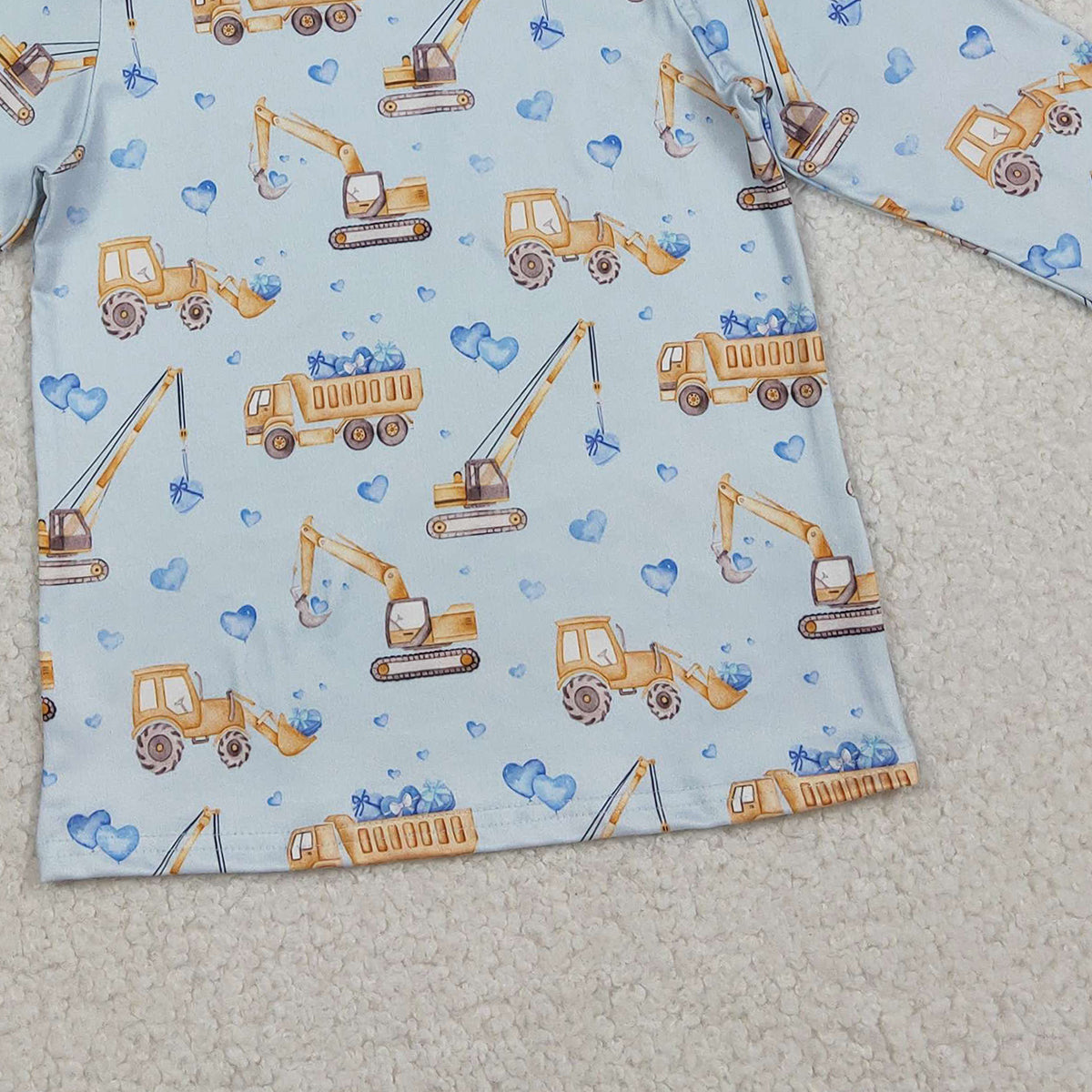 12.10 RTS NO MOQ (In stock)BT1509 Baby Boys Blue Hearts Excavators Valentines Hoodies Top