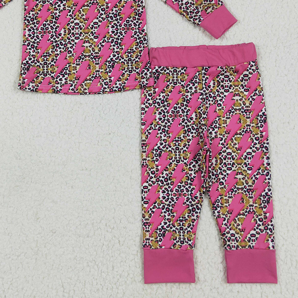 8.15 GLP2393 RTS NO MOQ Baby Girls Winter Outfits Baby Girls Long Sleeves Pink Lightning Leopard Top Pant Pajamas Set