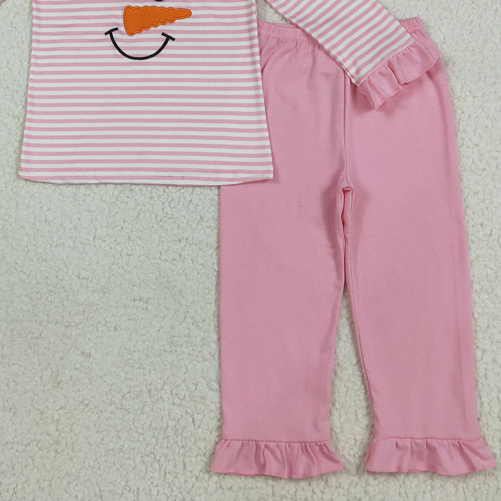 RTS NO MOQ (In stock)GLP2520 Baby Girls Winter Outfits Embroidery Baby Girls Christmas Pink Stripe Bow Snowman Top Pants Pajamas
