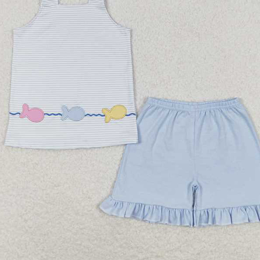 5.28 GSSO0809 RTS NO MOQ Baby Girls Summer Outfits Straps stripe fish top ruffle shorts girls summer clothes