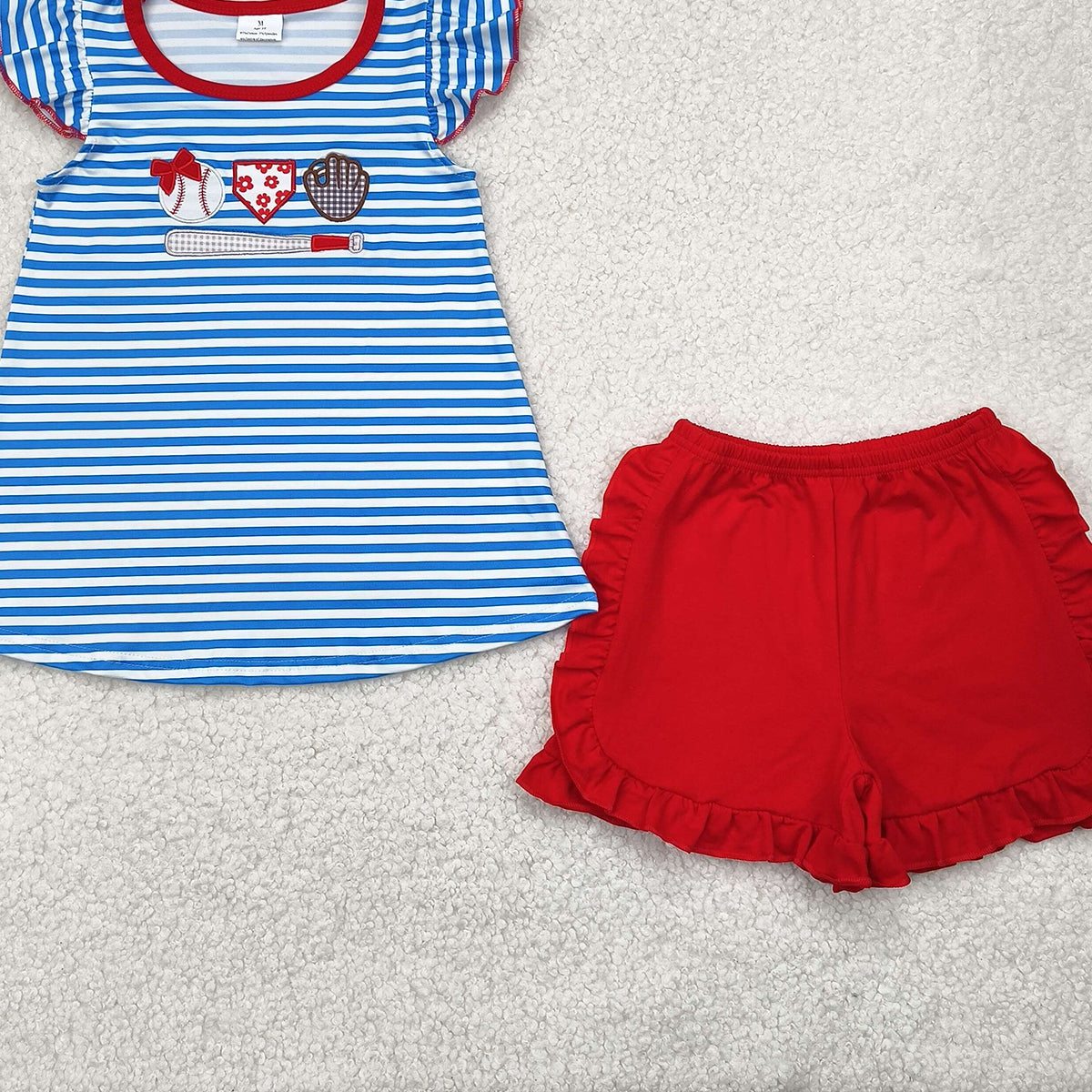 GSSO2348 RTS NO MOQ Baby Girls Summer Outfits Blue stripe baseball top red ruffle shorts girls clothes