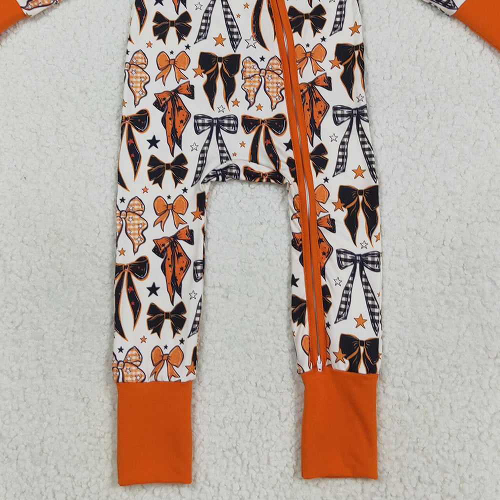 RTS NO MOQ (In stock)LR2409 Baby Boys Winter Rompers Baby Boys Orange Black Bows Stars Halloween Zipper Footie Rompers