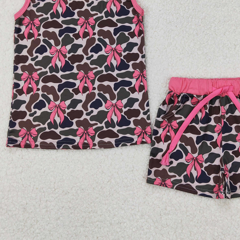 6.24 GSSO2083 RTS NO MOQ Sleeveless pink bow camo top shorts girls clothes
