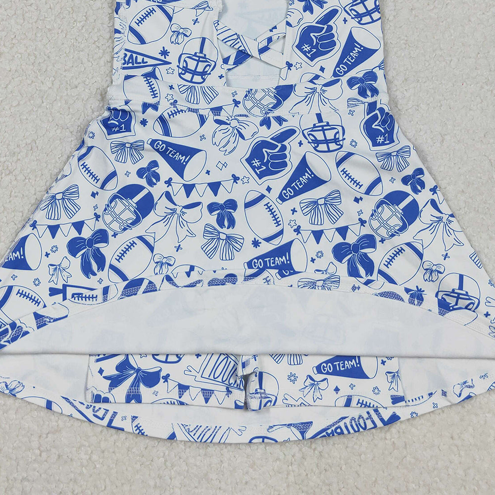 RTS NO MOQ (In stock)GSD2778 Baby Girls Summer Yoga Dress Blue Bow Straps Athletic Football Girls Dress Girls' Straps Blue Bow Football Dress