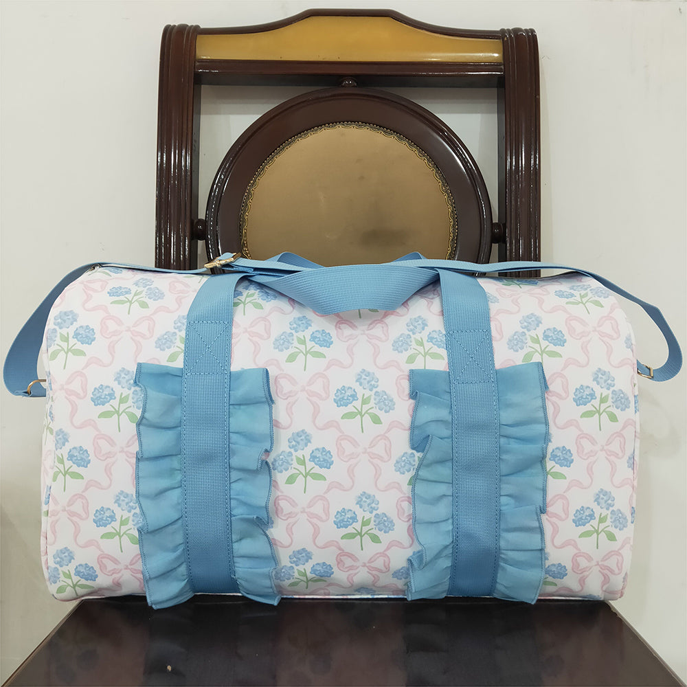 USA Shop (in stock)BA0294Light Blue Floral Bow Women Duffel Bag Ruffle Band Stylish Casual Canvas Tote for Travel And Leisure