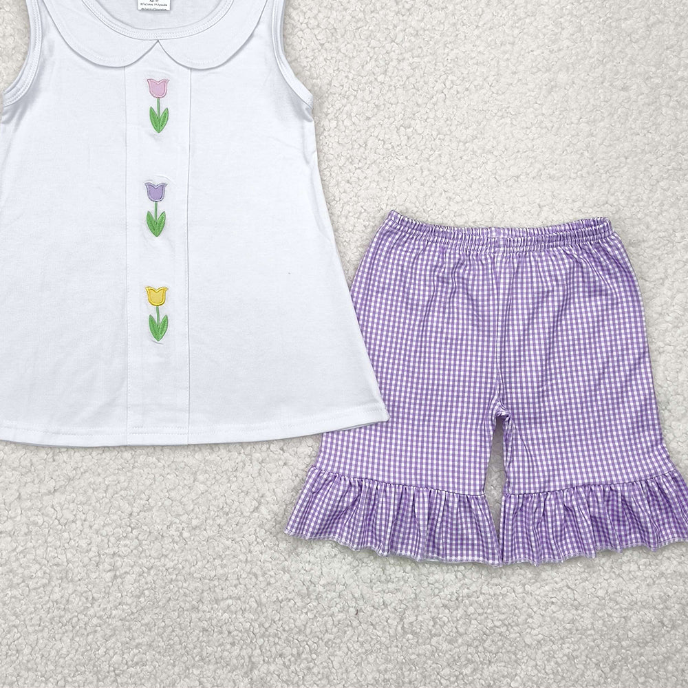 6.27 GSSO2276 RTS NO MOQ Baby Girls Summer Outfits Embroidery baby girl clothes floral sleeveless shorts set
