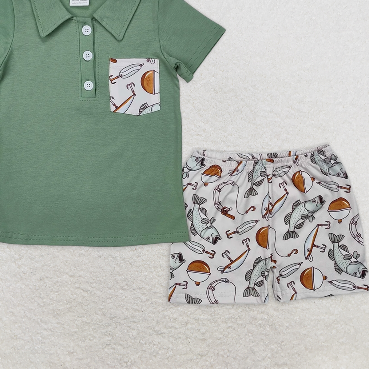 8.25 BSSO1216 RTS NO MOQ Baby Boys Summer Boys Outfits Fishing pocket green short-sleeved shorts set