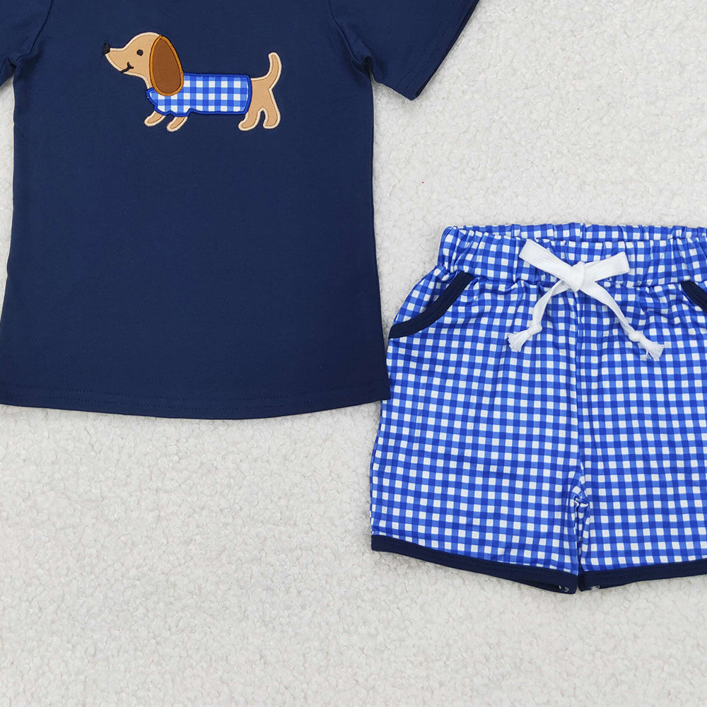 4.10 BSSO1227 RTS NO MOQ Baby Boys Summer Boys Outfits Baby Boys Navy Short Sleeves Dog Print Top Plaid Pockets Short Set