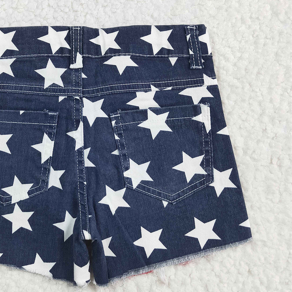 SS0168 RTS NO MOQ Baby Girls Denim Pants Baby Girls 4th Of July Stripes Stars Denim Shorts