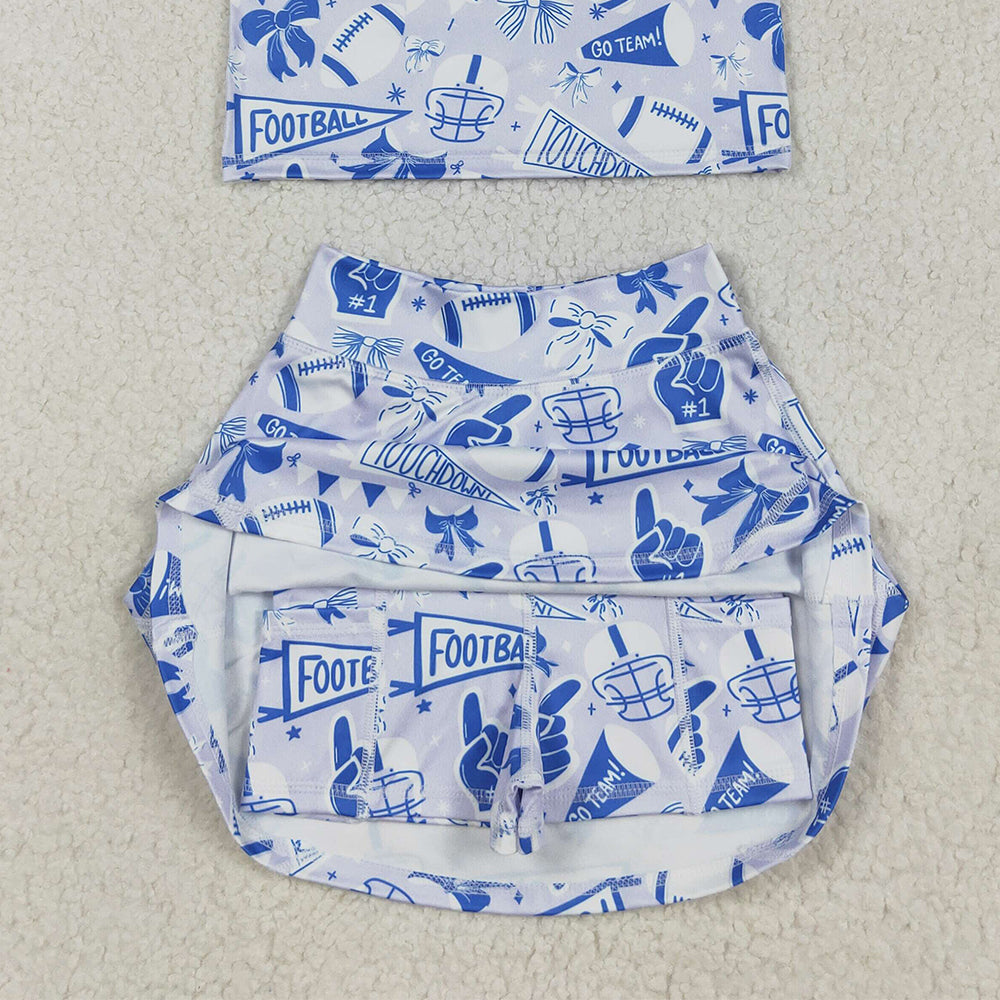 USA Shop (in stock)GSD2688 Baby Girls Yoga Outfits Baby Girls Team Blue Football Bows Vest Top Short Skirts Yoga Set