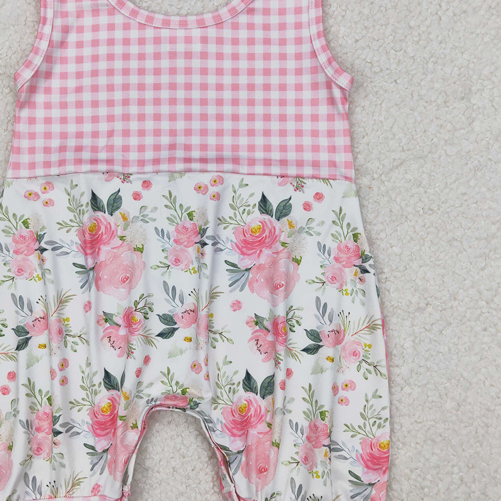 4.30 SR2678 RTS NO MOQ Sleeveless pink plaid floral baby girls summer romper