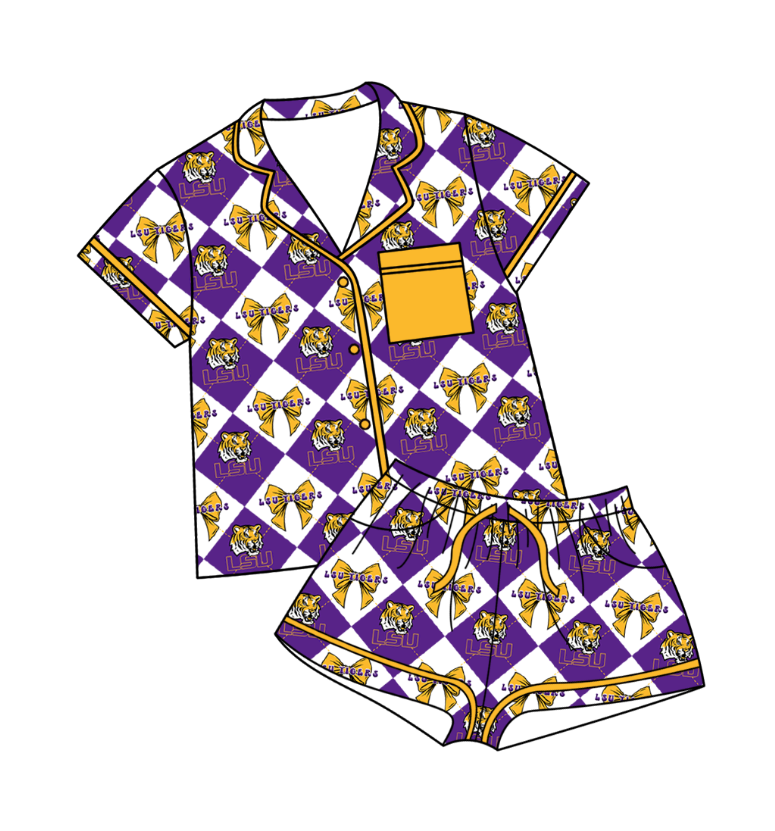 CUSTOM MOQ 5 Baby Girl Clothes Purple Bow Plaid Top Bottom Shorts Pajamas Team Clothes Sets
