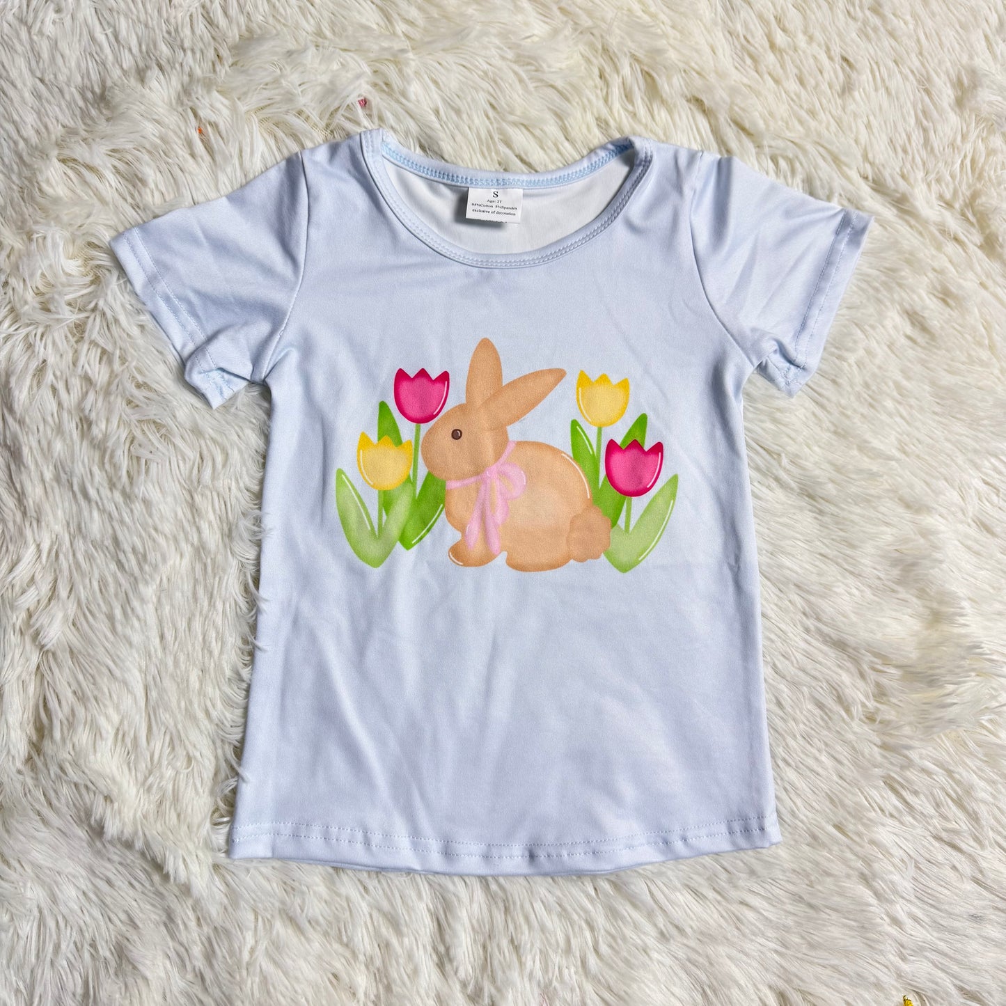 12.13 RST GT1398 Baby Girls Blue Short Sleeve Flowers Rabbits Easter T-shirts Top