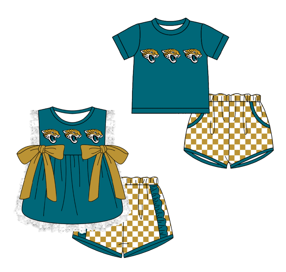 CUSTOM MOQ 5 Cute Kids Clothing Sibling Boys Baby Girls Summer Green Top Khaki Checked Shorts Team Clothes Sets