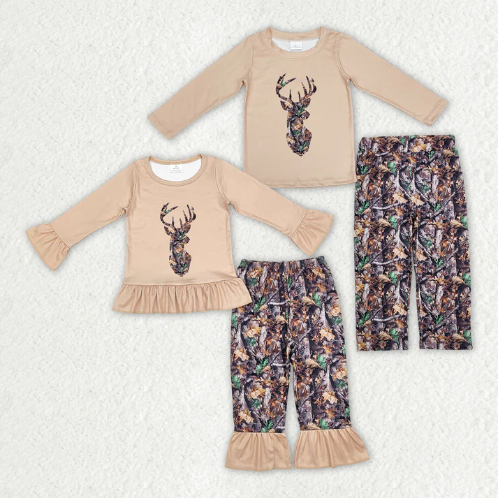Baby Boys and Girls Dead Leaf Elk Brown Long Sleeve Top Camouflage Pants Set