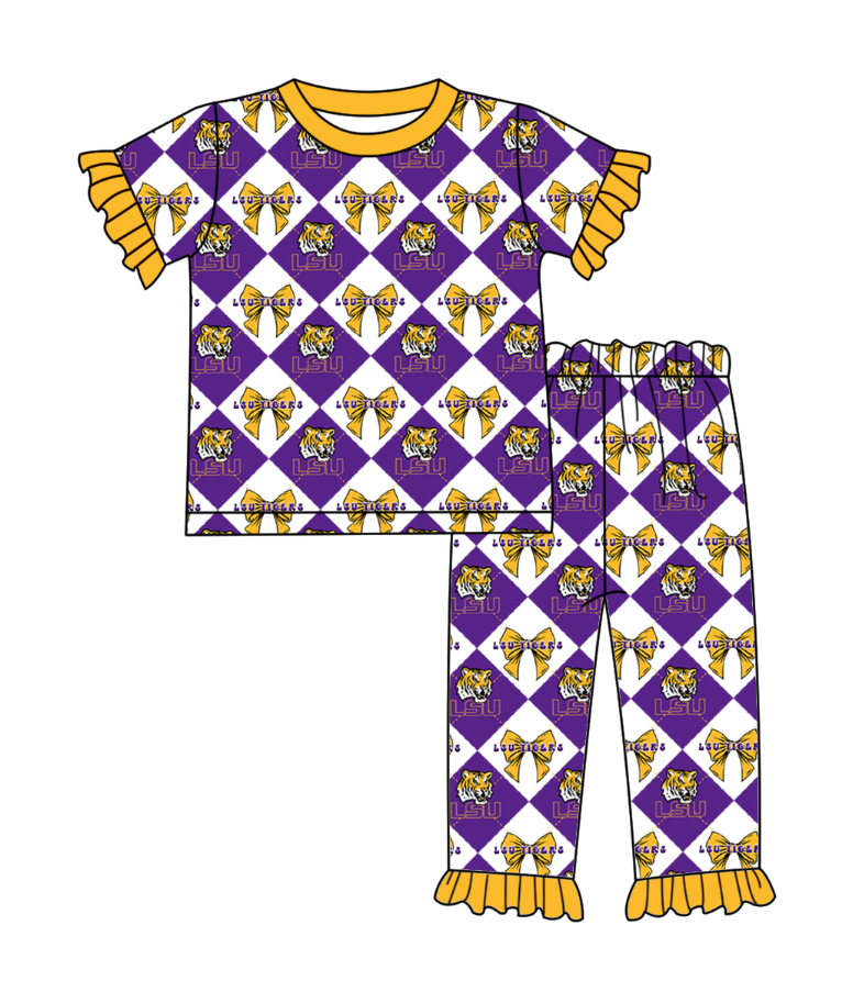 CUSTOM MOQ 5 Baby Girl Clothes Purple Bow Plaid Top Pants Team Pajamas Sets
